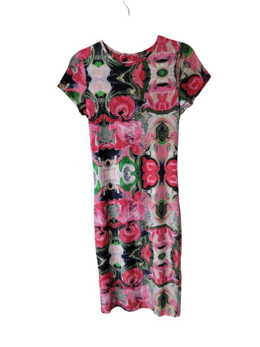 T-Bags Los Angeles Dress L Pink Abstract Psychedelic Open Back Stretch Midi